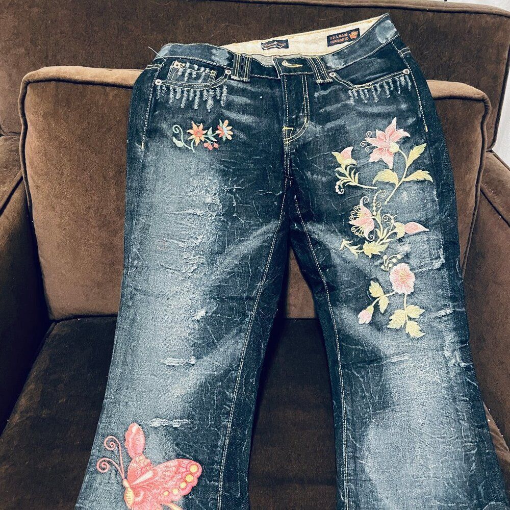 PEOPLE For Peace Embroidered Denim flowers butterflies bespoke handmade 26 NWT